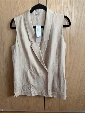 Joan Vass Linen Bland Cream Sleeveless Vest Top With Pockets